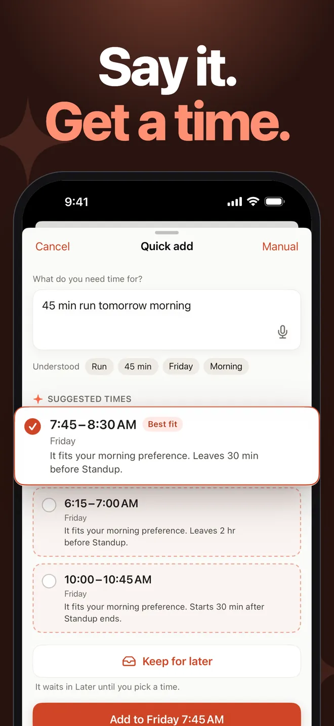 Nooktide Quick add: '45 min run tomorrow morning' with three suggested times, the best fit highlighted with its reason