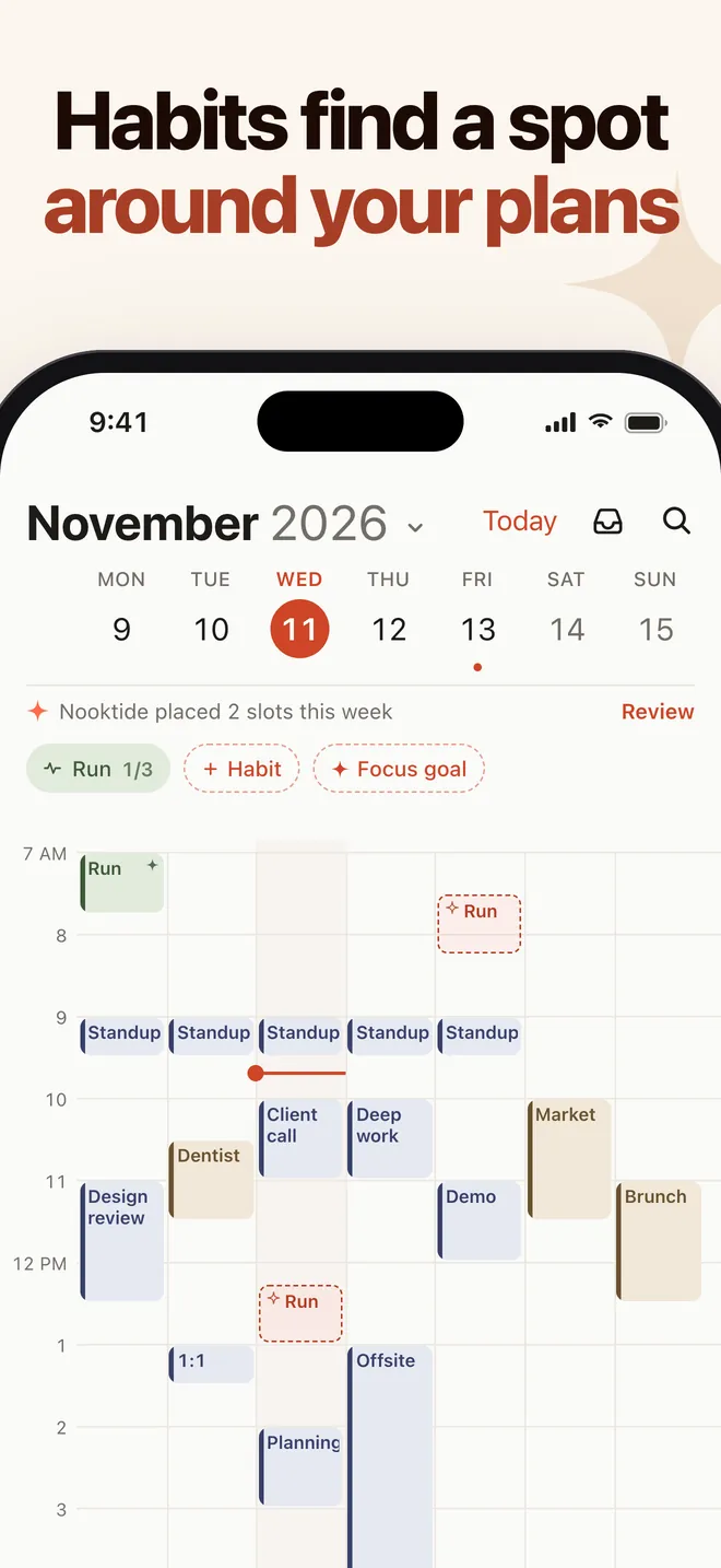 Nooktide week view with habit sessions placed around meetings and a Run 1/3 habit chip