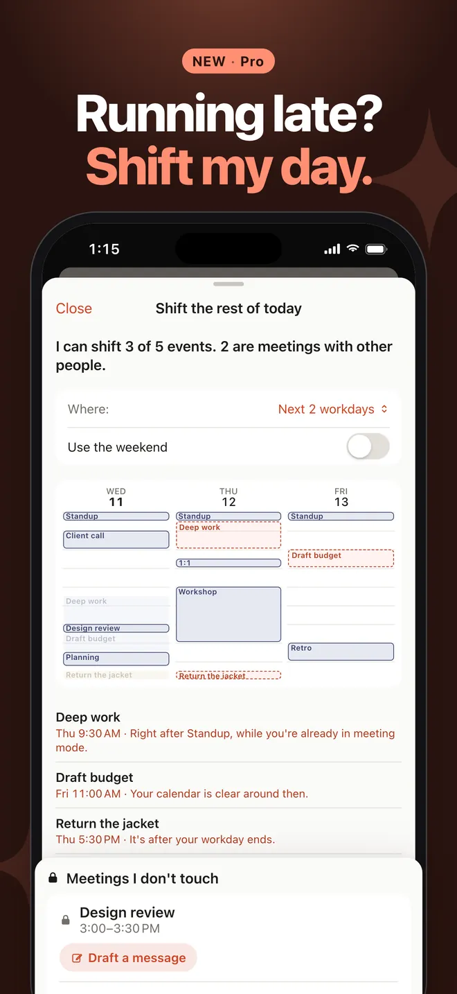 Nooktide Shift my day preview showing which events can move and the meetings with other people it won't touch